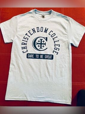 Gildan Light Blue Christendom College Logo Tee with Navy Graphic